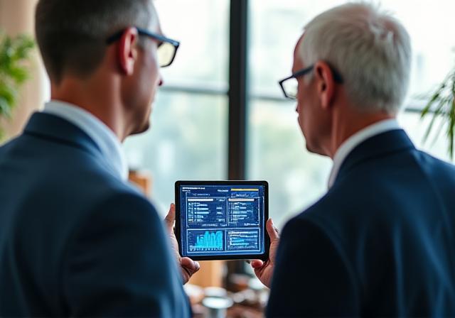 Executive strategic session with high-tech analytics dashboard